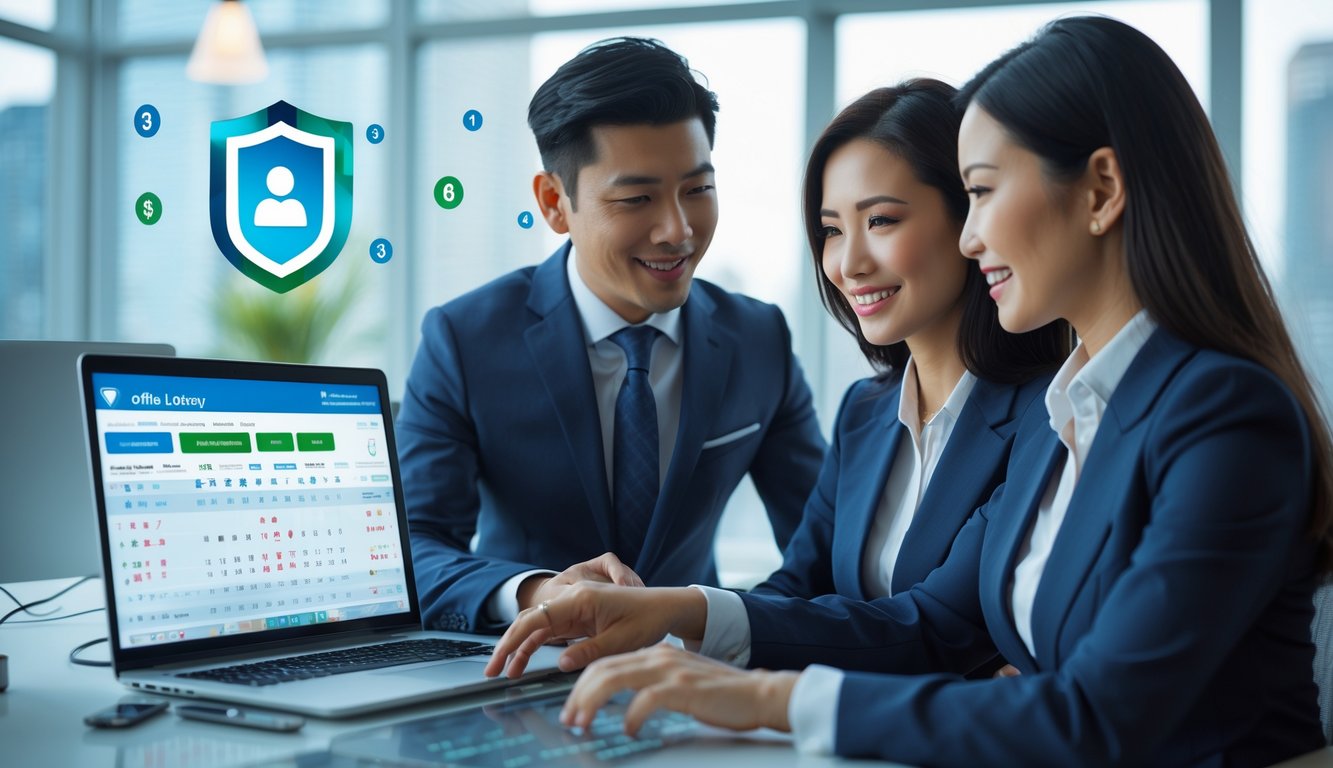 Dua orang profesional sedang bekerja bersama di kantor modern dengan laptop yang menampilkan angka togel dan grafik, di latar belakang terlihat pemandangan kota melalui jendela besar.