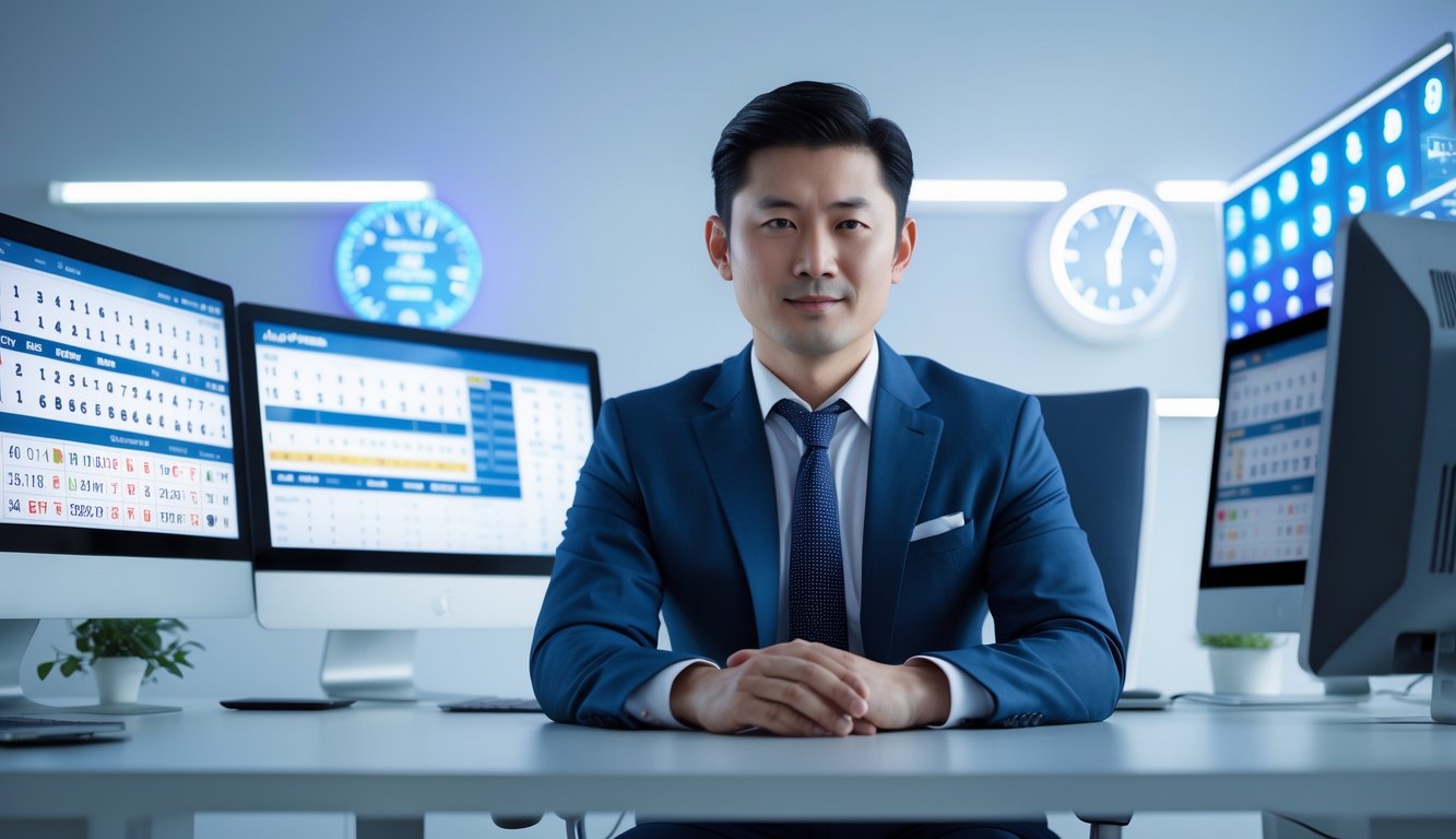 Seorang pria Asia duduk di meja kerja dengan beberapa monitor komputer yang menampilkan angka lotere dan grafik, di kantor modern dengan suasana profesional.