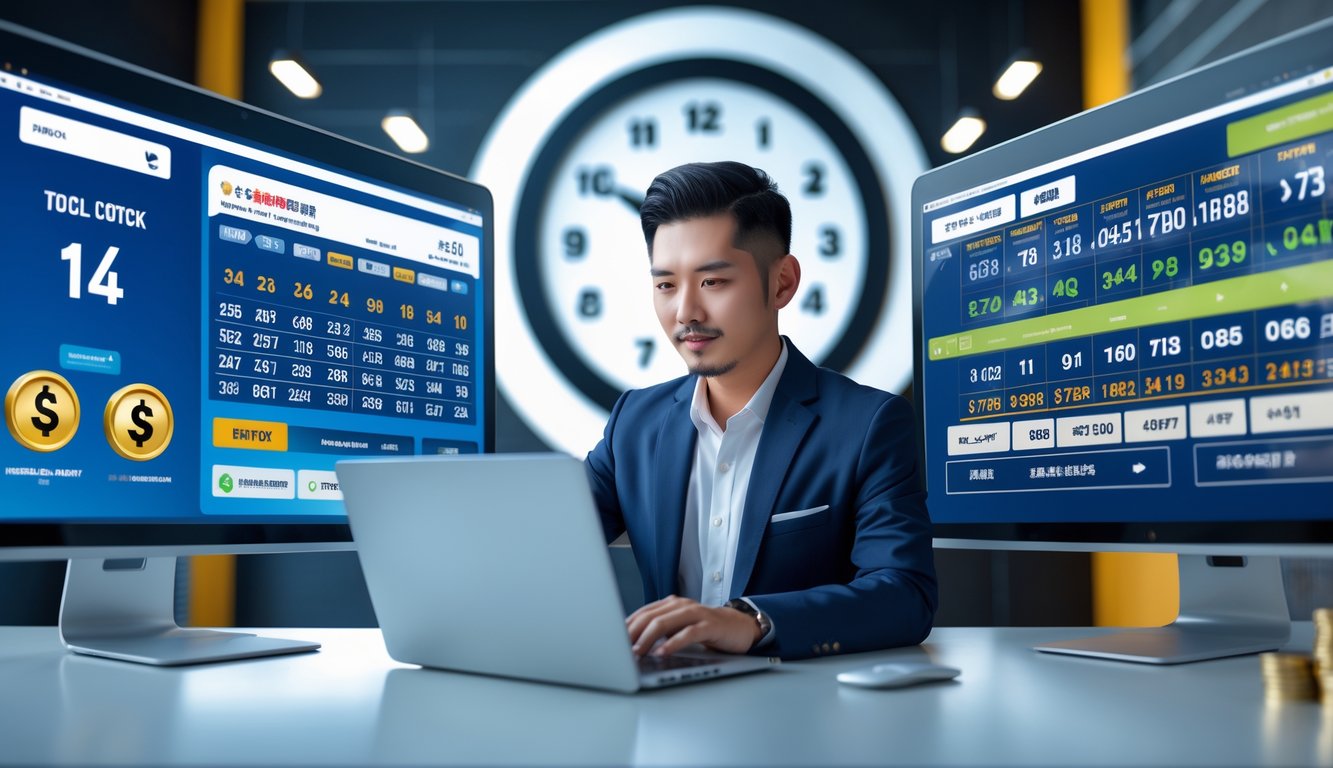 Seorang pria Asia menggunakan laptop dengan beberapa layar menampilkan angka togel dan data transaksi di ruang kerja modern yang terang dan bersih.