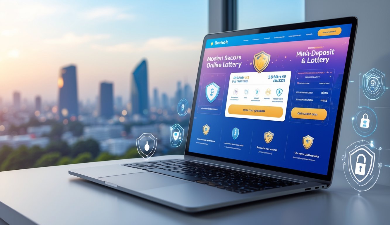 Seorang pengguna laptop mengakses situs lotere online dengan latar belakang pemandangan kota Bangkok yang samar.