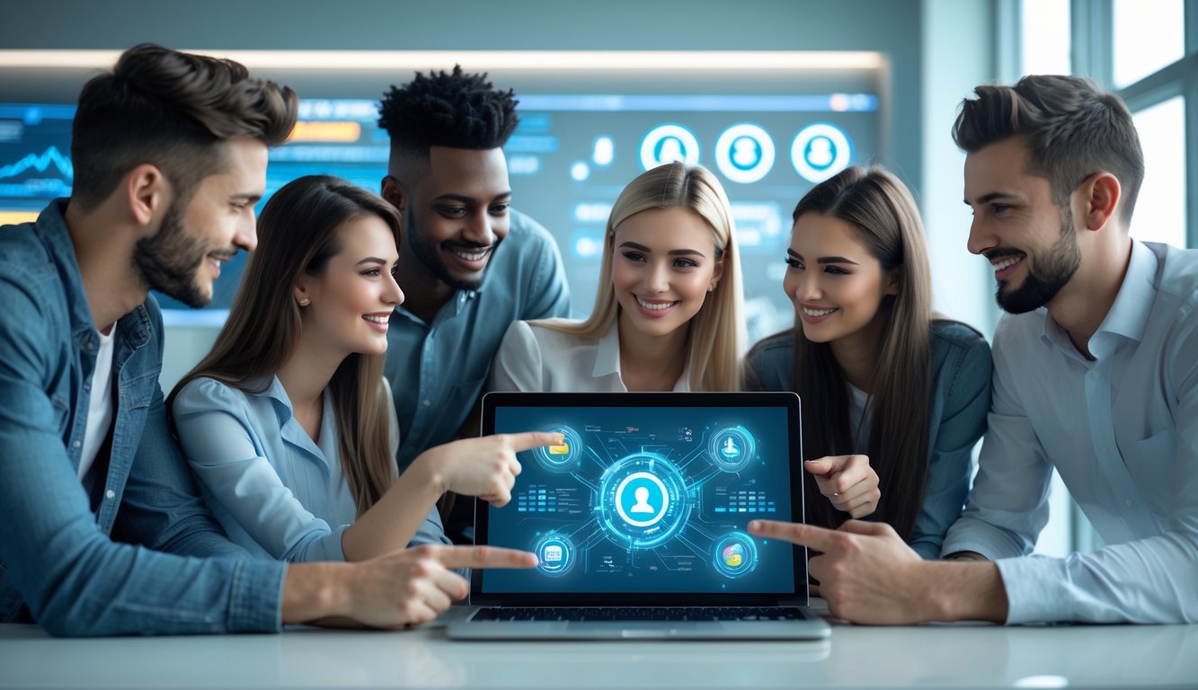 Sekelompok orang muda sedang berdiskusi di sekitar laptop di ruang kantor modern yang terang.