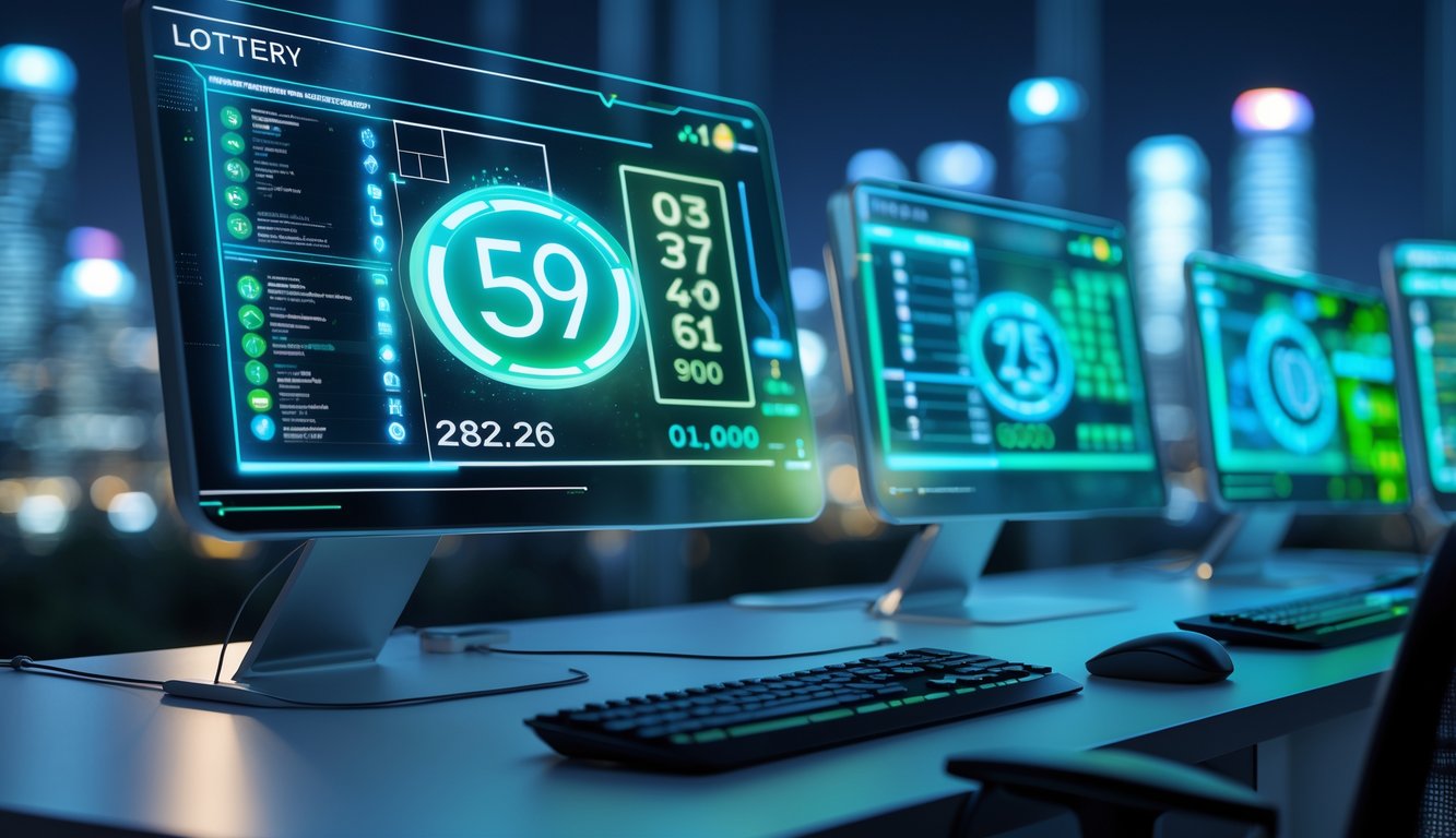 Sebuah ruang kerja modern dengan komputer dan layar transparan menampilkan data dan grafik lotre, dengan latar belakang lampu kota yang samar di malam hari.