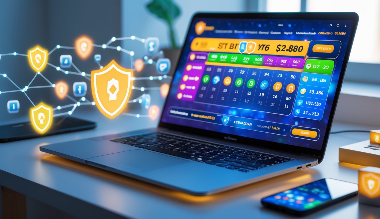 Sebuah ruang kerja digital modern dengan laptop menampilkan antarmuka permainan togel online, dilengkapi dengan simbol keamanan dan koneksi jaringan.