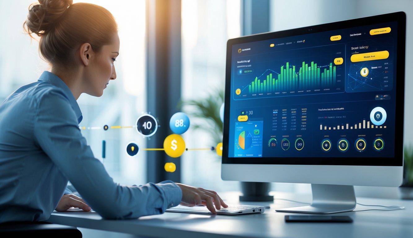 Seseorang menggunakan komputer di kantor modern dengan layar menampilkan grafik dan hasil lotere secara langsung.