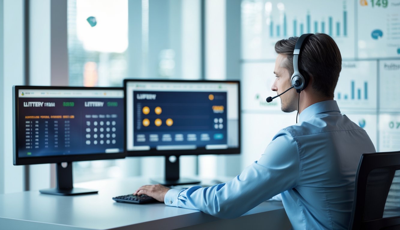 Seorang perwakilan layanan pelanggan profesional duduk di meja dengan beberapa monitor komputer yang menampilkan hasil togel langsung dan grafik data.