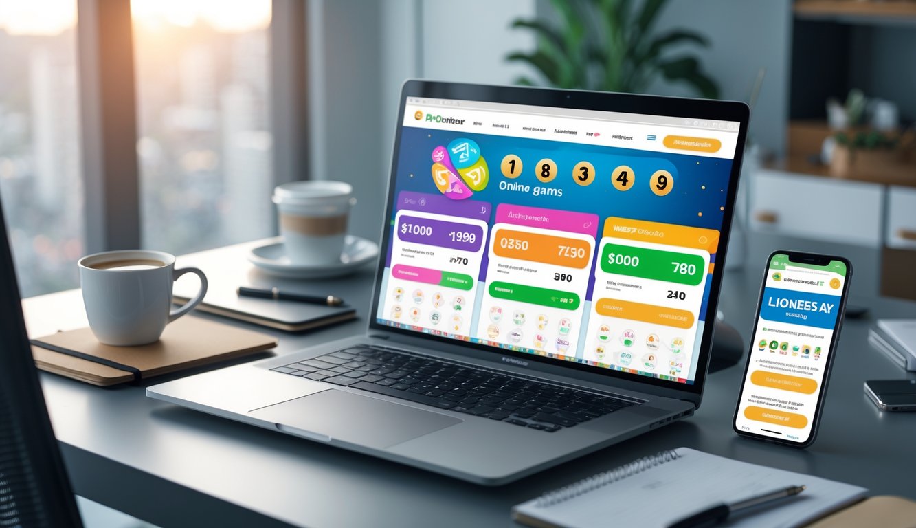 Meja kerja modern dengan laptop dan ponsel yang menampilkan aplikasi togel online, dikelilingi oleh alat tulis dan secangkir kopi.