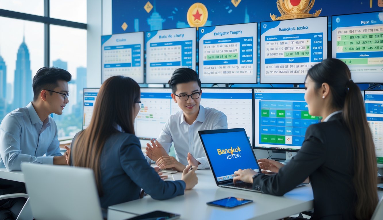 Sekelompok profesional muda sedang bekerja di kantor modern dengan komputer dan perangkat digital, membahas layanan togel online populer di Indonesia.