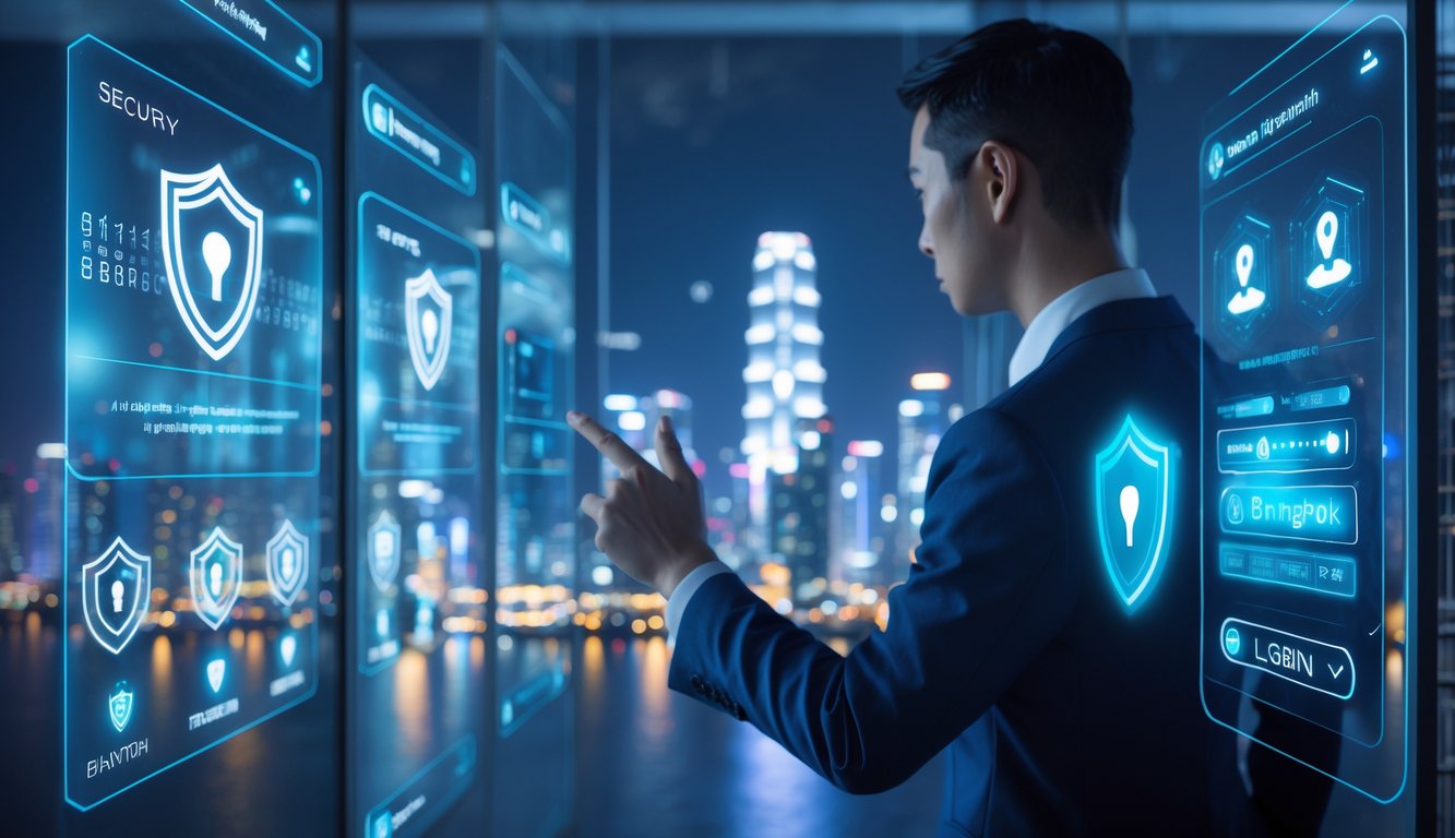 Seorang profesional menggunakan antarmuka digital canggih dengan latar belakang pemandangan kota Bangkok di malam hari.