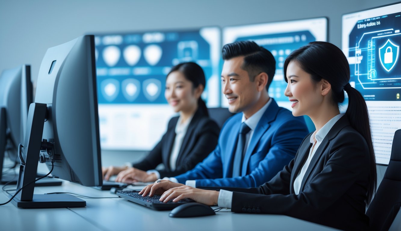 Dua orang profesional sedang bekerja di kantor modern dengan komputer yang menampilkan grafik keamanan digital.