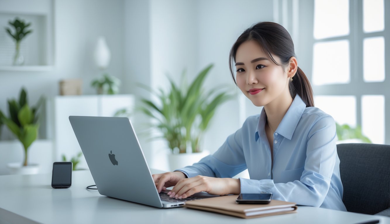 Seorang wanita muda duduk di meja kerja dengan laptop dan ponsel, terlihat fokus dan santai di ruangan yang terang dengan tanaman hijau.