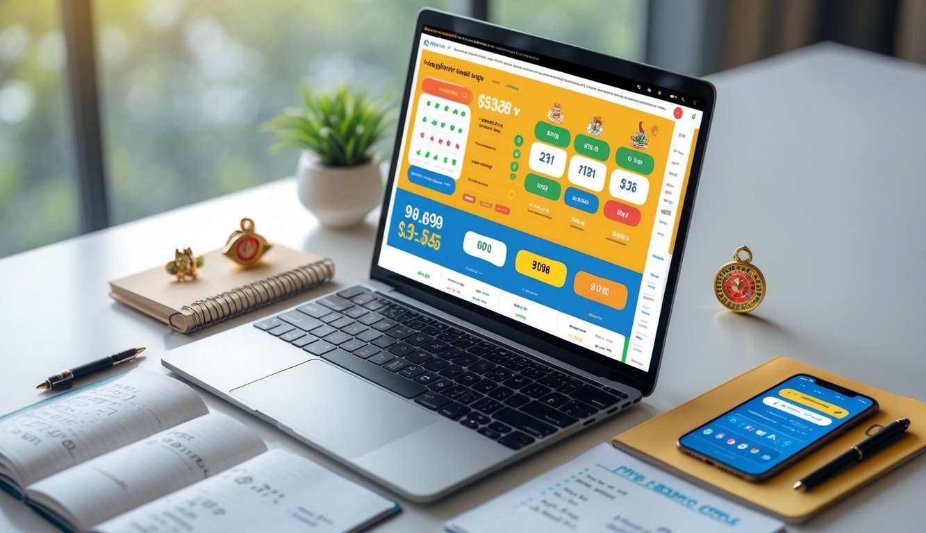 Meja kerja dengan laptop yang menampilkan situs taruhan togel online, dikelilingi oleh buku catatan, pena, dan ponsel, menggambarkan suasana belajar taruhan togel Bangkok.