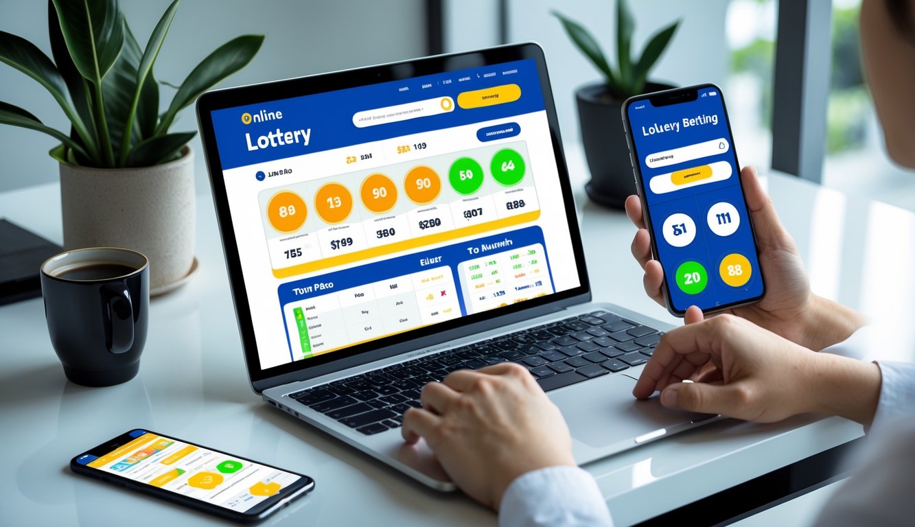 Meja kerja modern dengan laptop dan ponsel yang menampilkan aplikasi taruhan togel online, tangan orang sedang menggunakan perangkat tersebut.