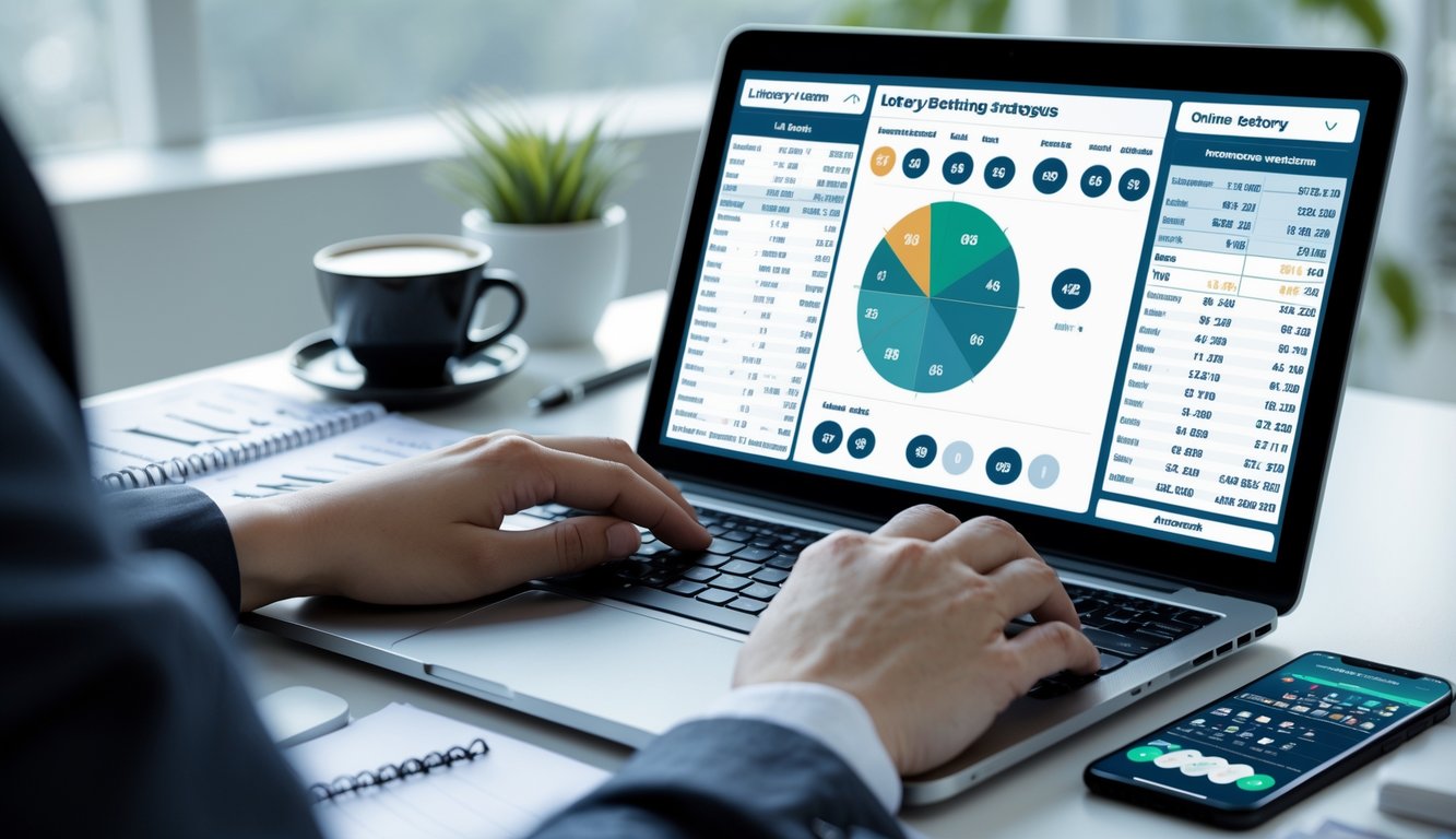 Seseorang sedang bekerja di depan laptop dengan catatan dan ponsel di meja, fokus pada strategi taruhan togel online.