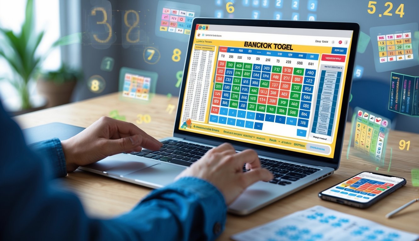 Seseorang menggunakan laptop dan ponsel di meja kerja untuk memasang taruhan togel Bangkok secara online.