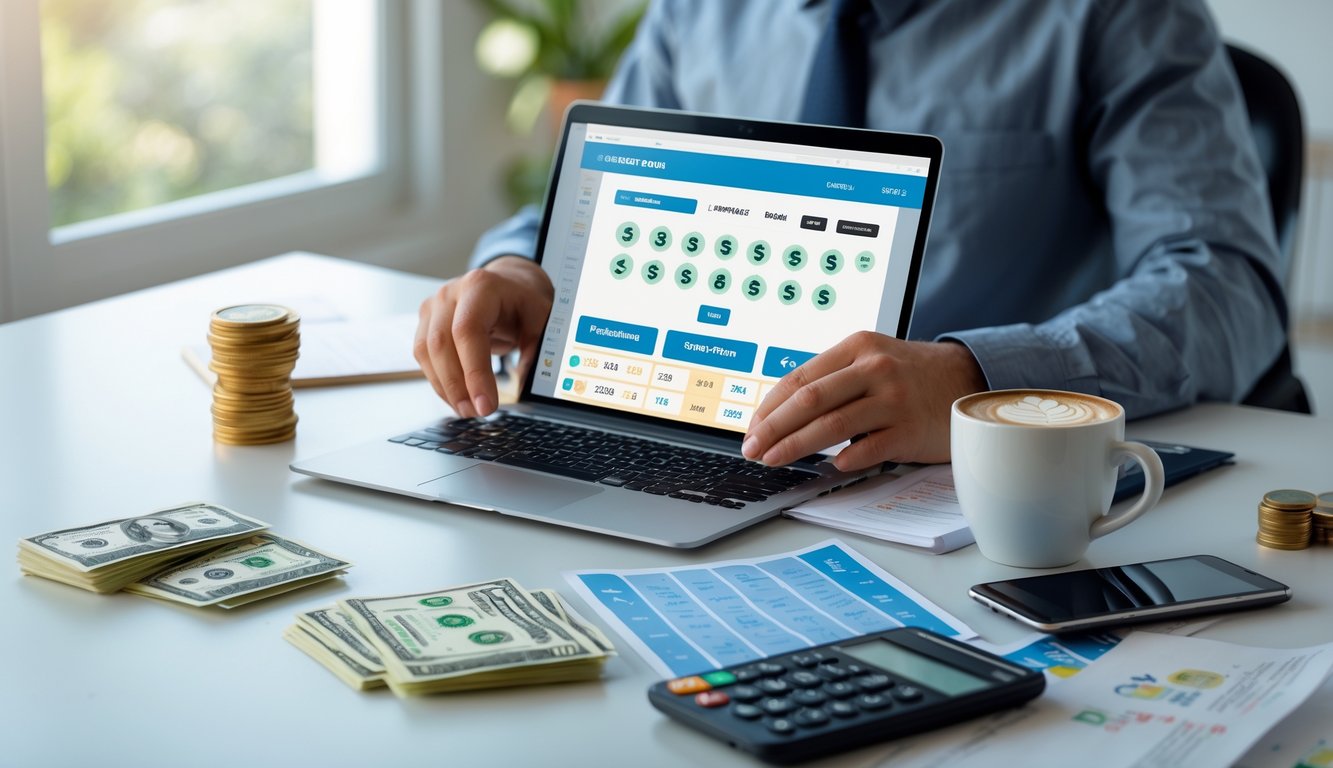 Seseorang menggunakan laptop di meja kerja dengan catatan dan kalkulator, suasana fokus dan terorganisir untuk taruhan togel online dengan modal kecil.