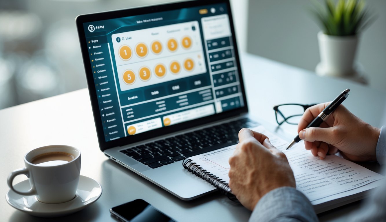 Meja kerja dengan laptop yang menampilkan antarmuka taruhan online, tangan memegang pena di atas buku catatan, serta beberapa perlengkapan kerja seperti kopi dan ponsel.