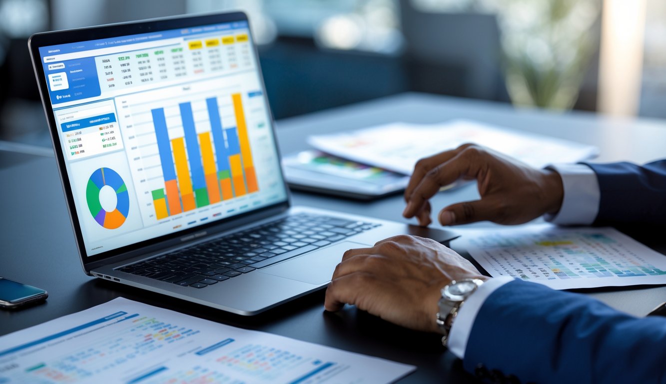 Seseorang sedang menggunakan laptop dengan grafik dan data angka di layar, di meja terdapat kertas dan ponsel yang menunjukkan aktivitas analisis data togel online.