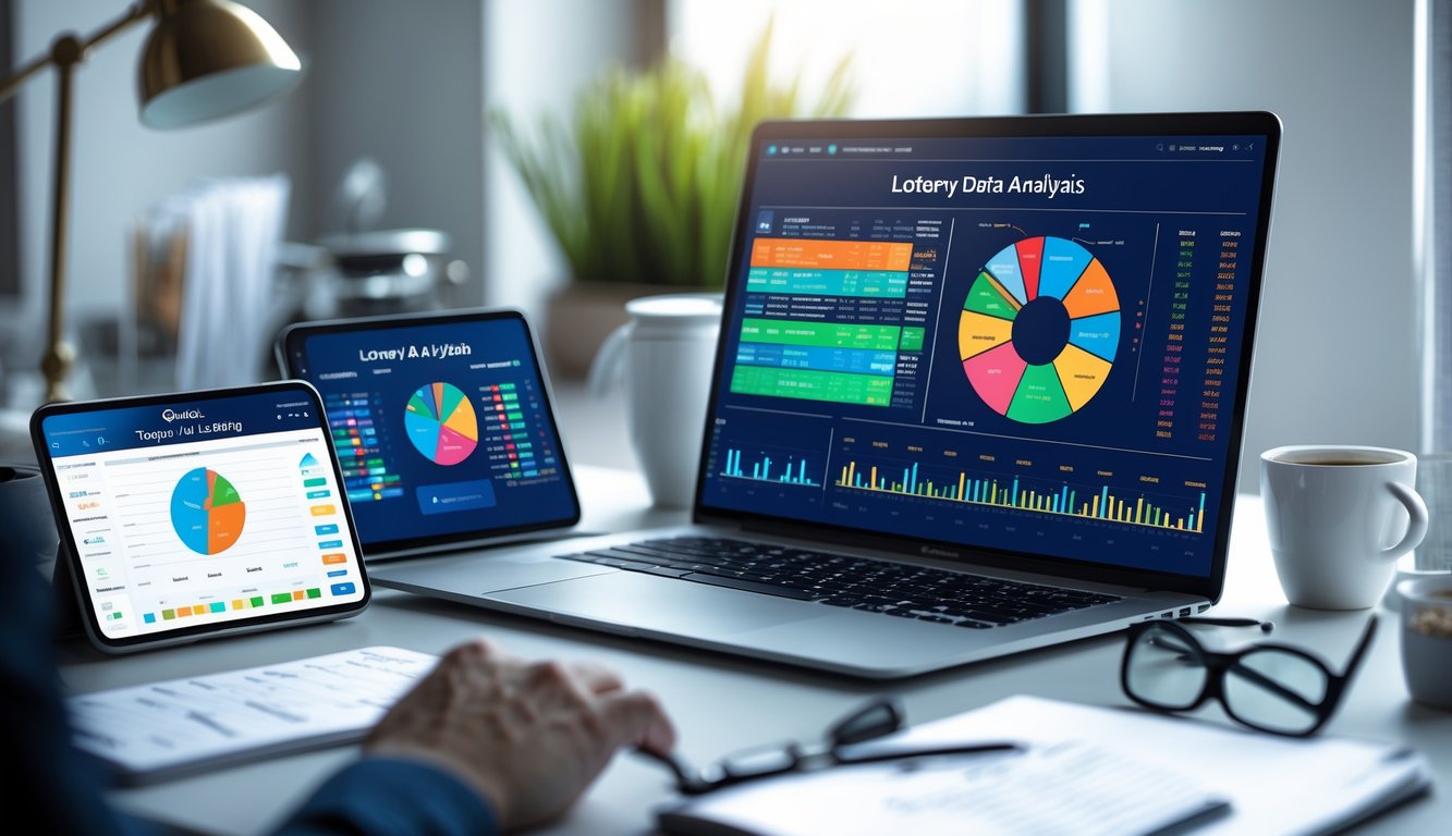 Meja kerja dengan laptop dan perangkat digital menampilkan grafik data untuk analisa taruhan togel online.