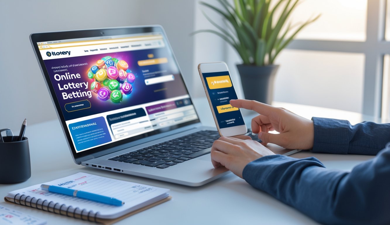 Meja kerja dengan laptop dan ponsel yang menampilkan situs taruhan togel, tangan seseorang sedang menggunakan perangkat tersebut.