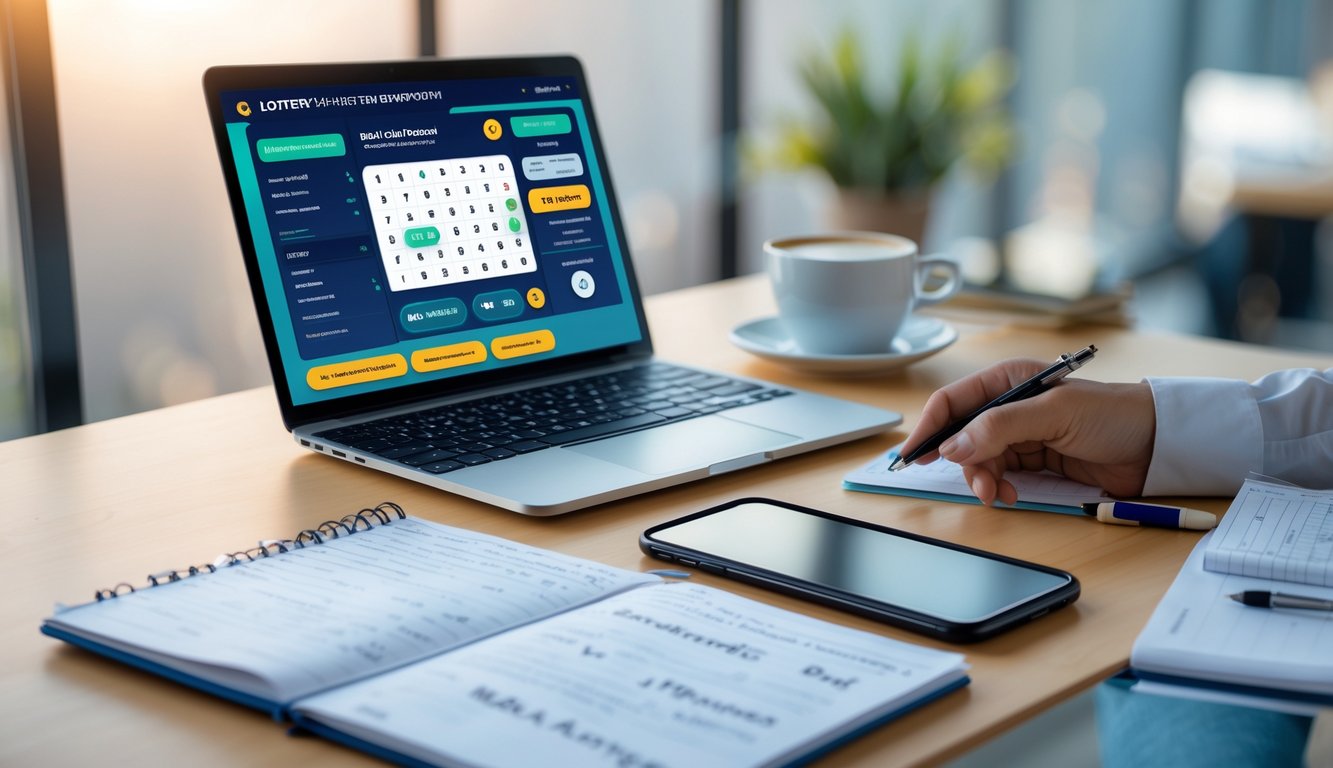 Meja kerja dengan laptop, ponsel, buku catatan, dan secangkir kopi yang digunakan untuk persiapan taruhan togel online.