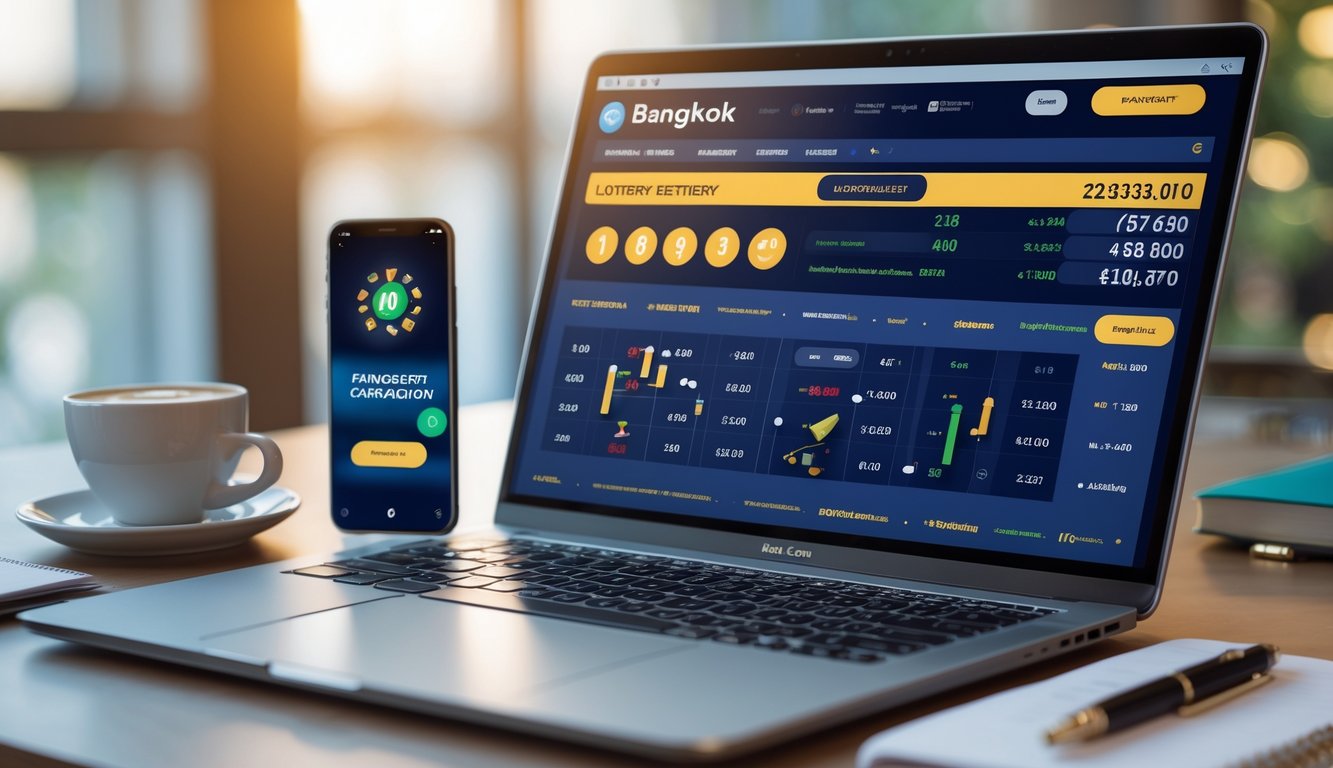 Seseorang menggunakan laptop dan ponsel di meja kerja untuk memasang taruhan togel secara online dengan suasana yang rapi dan nyaman.