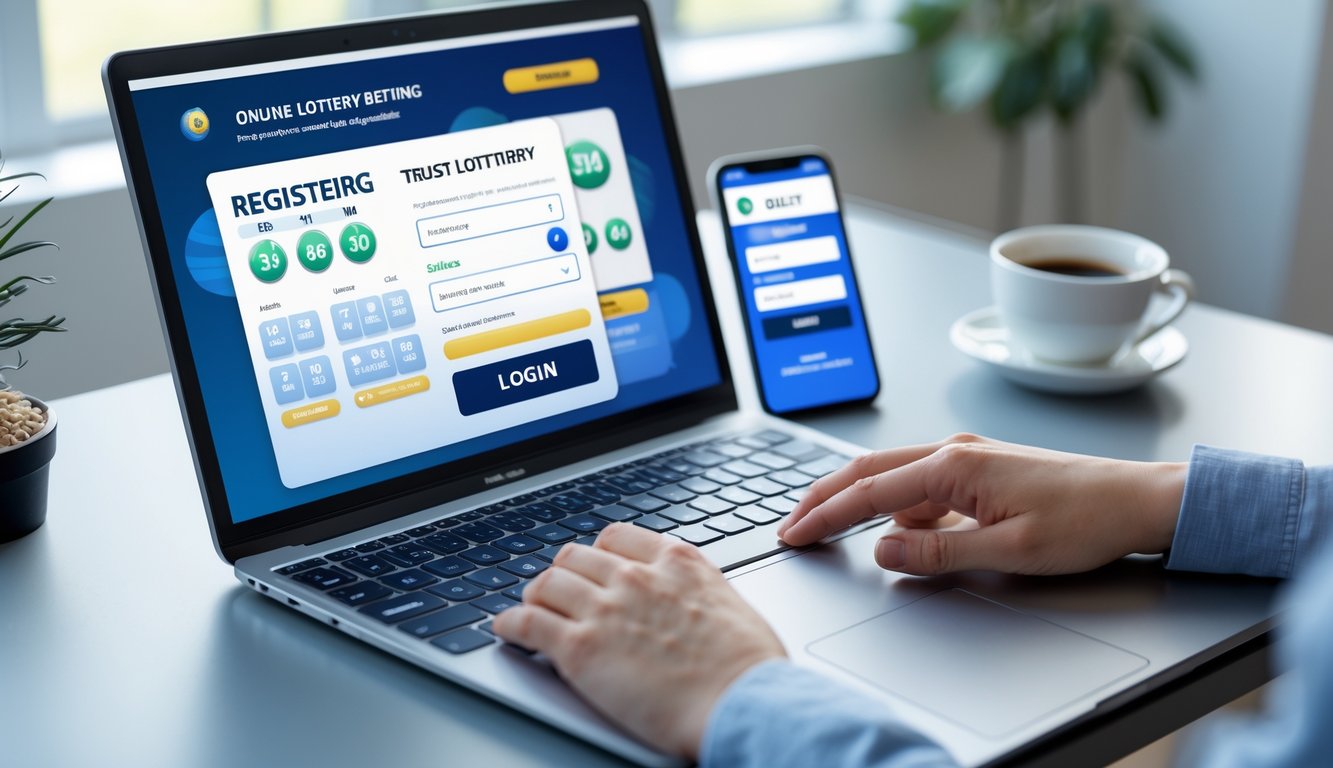 Seseorang sedang menggunakan laptop dan ponsel di meja kerja untuk mendaftar dan login ke situs togel online dengan suasana yang profesional dan tenang.