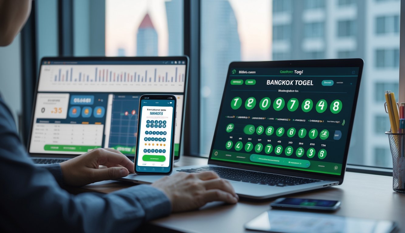 Seorang pria sedang menggunakan laptop dan smartphone di meja kerja dengan grafik dan pola angka, latar belakang pemandangan kota Bangkok terlihat melalui jendela.