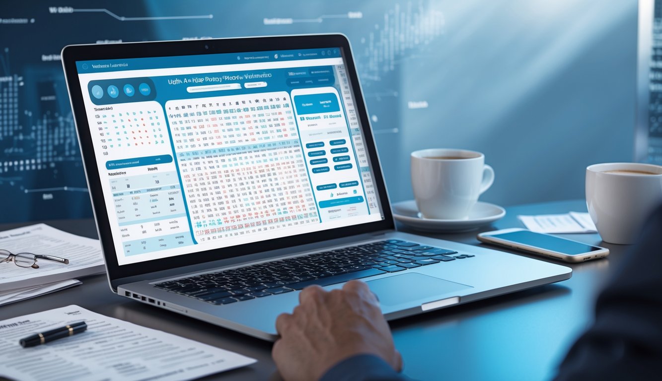 Meja kerja modern dengan laptop, catatan, kopi, dan ponsel yang menampilkan pola angka dan aplikasi taruhan togel online.