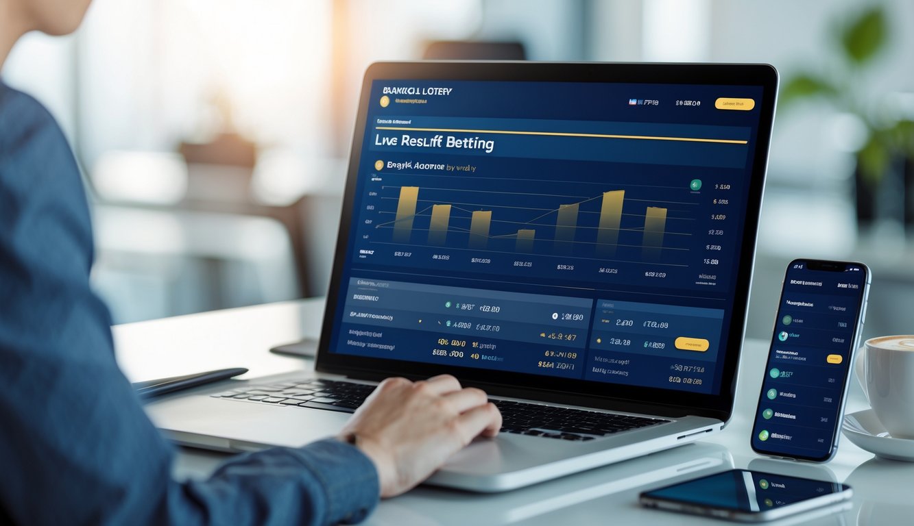 Meja kerja modern dengan laptop dan ponsel yang menampilkan hasil taruhan togel Bangkok secara online.