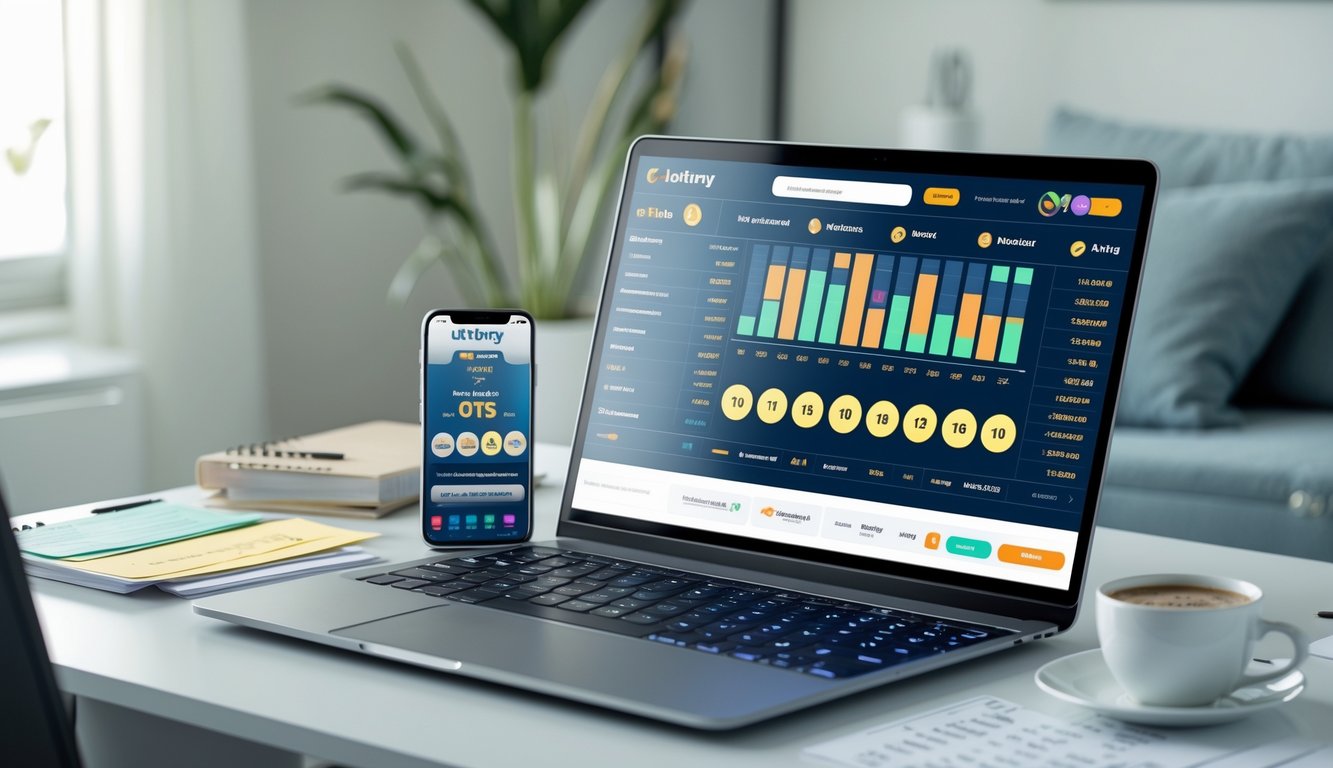 Sebuah meja kerja dengan laptop yang menampilkan hasil togel online secara langsung, dikelilingi oleh catatan, ponsel, dan secangkir kopi di ruangan yang terang.