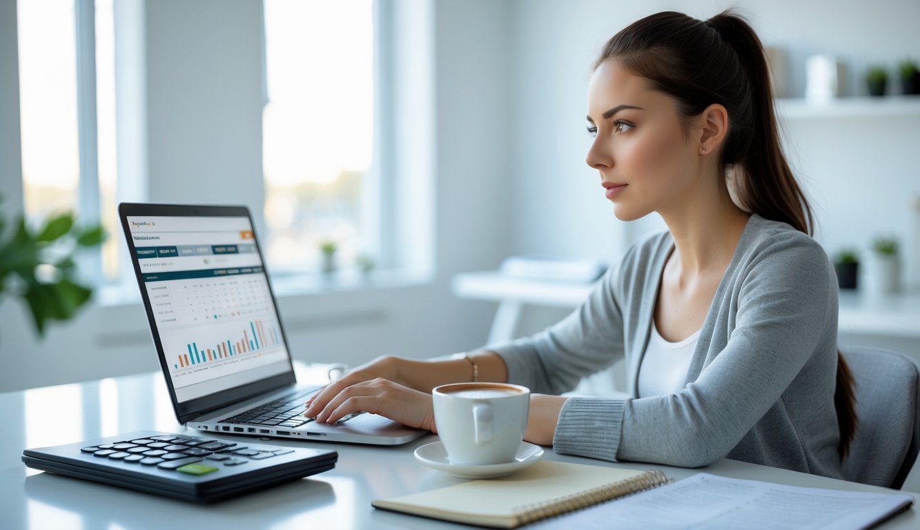 Seorang wanita muda duduk di meja kerja dengan laptop, mengamati data dan menggunakan kalkulator di ruang kerja yang terang dan rapi.