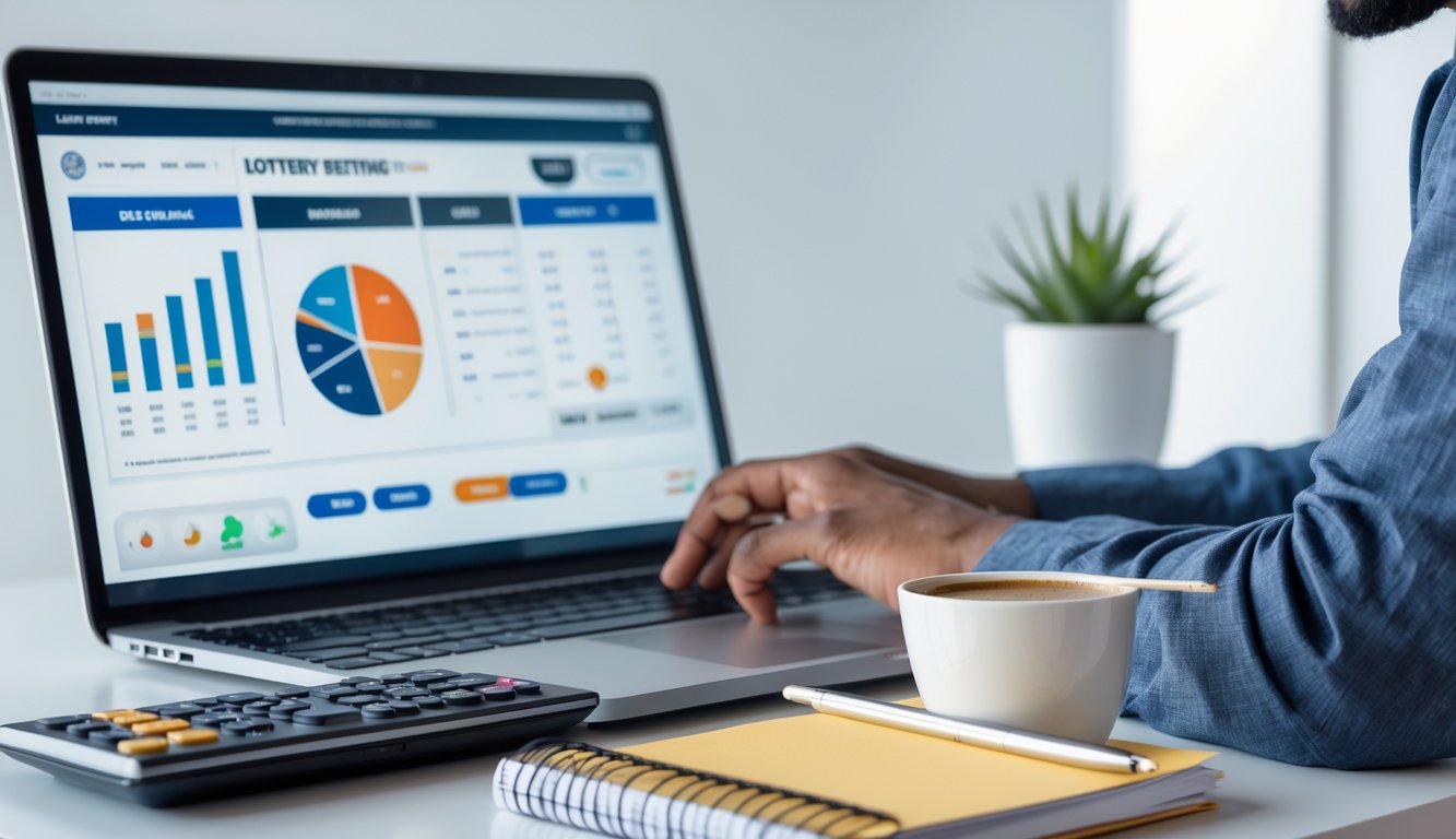 Seseorang sedang menggunakan laptop dengan alat manajemen keuangan di meja, fokus pada pengelolaan taruhan togel online.