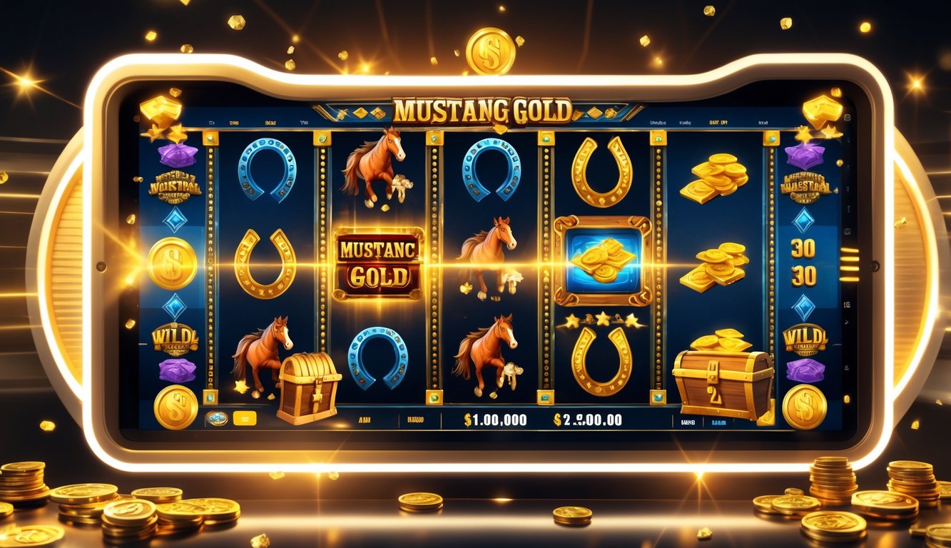 Tampilan mesin slot online dengan simbol kuda liar, koin emas, dan peti harta karun yang menunjukkan suasana kemenangan besar.