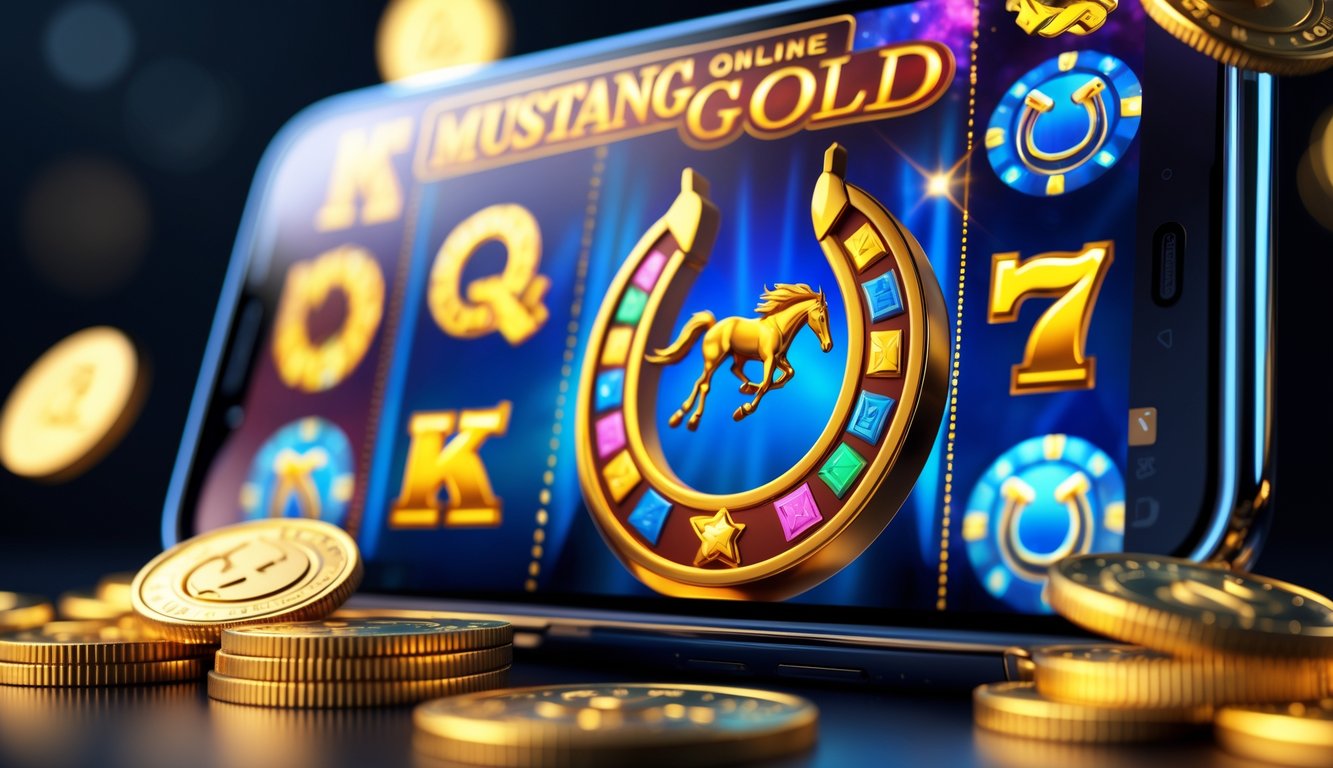 Sebuah perangkat digital menampilkan permainan slot Mustang Gold dengan simbol kuda dan koin emas, menggambarkan suasana kemenangan dan permainan slot online.