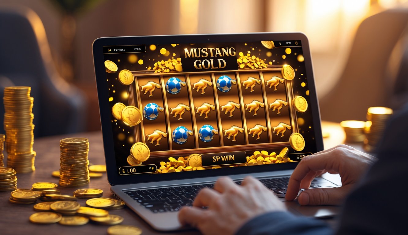 Tampilan layar perangkat dengan permainan slot bertema kuda mustang emas, tangan seseorang sedang berinteraksi dengan perangkat tersebut.