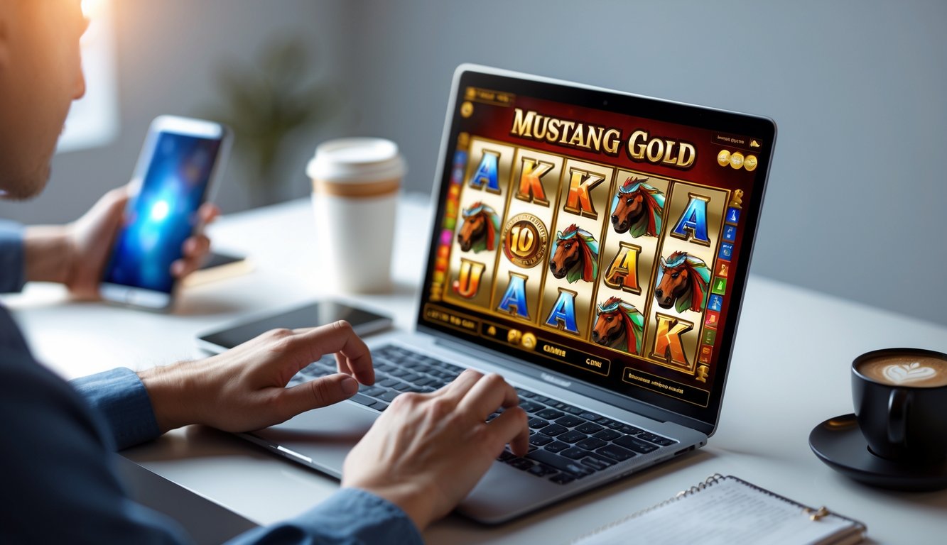 Seseorang menggunakan laptop yang menampilkan permainan slot Mustang Gold dengan suasana kerja yang rapi dan nyaman.