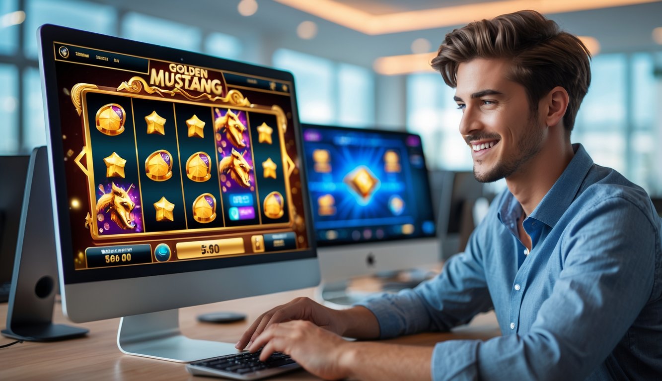 Seseorang sedang bermain permainan slot online dengan tema kuda Mustang di depan komputer di ruang kantor yang terang.