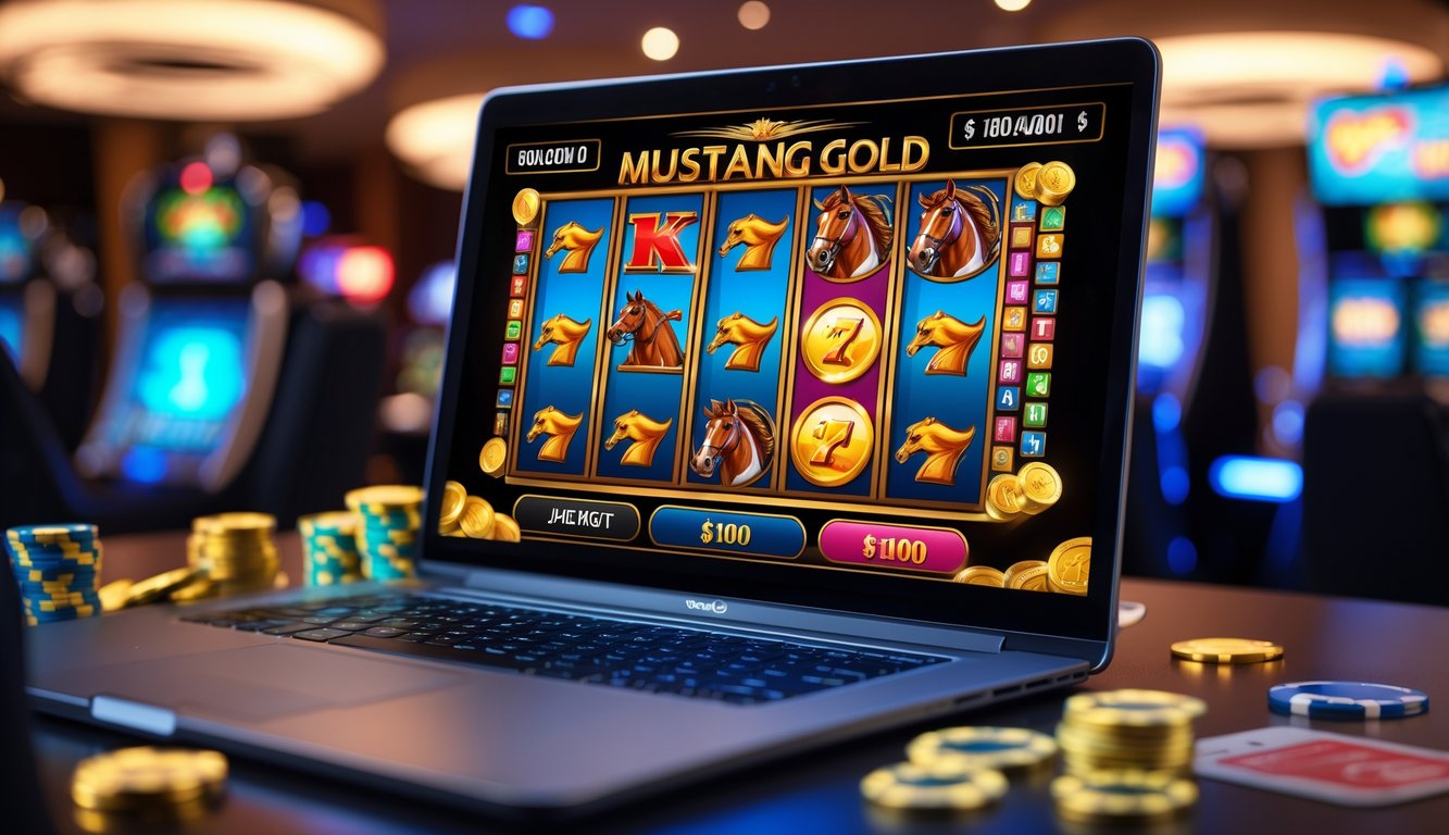 Seorang pemain menggunakan komputer dengan layar menampilkan permainan slot bertema kuda liar dan emas, di lingkungan permainan online yang modern dan terang.