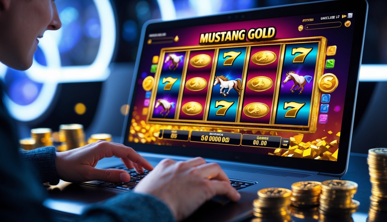 Seseorang sedang bermain permainan slot online Mustang Gold di komputer dengan tampilan mesin slot berwarna-warni dan koin emas.