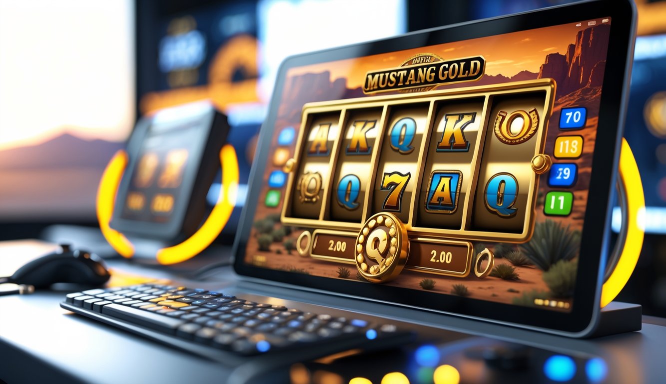 Layar perangkat menampilkan permainan slot online dengan tema kuda Mustang dan simbol emas, di lingkungan gaming modern yang terang dan bersih.