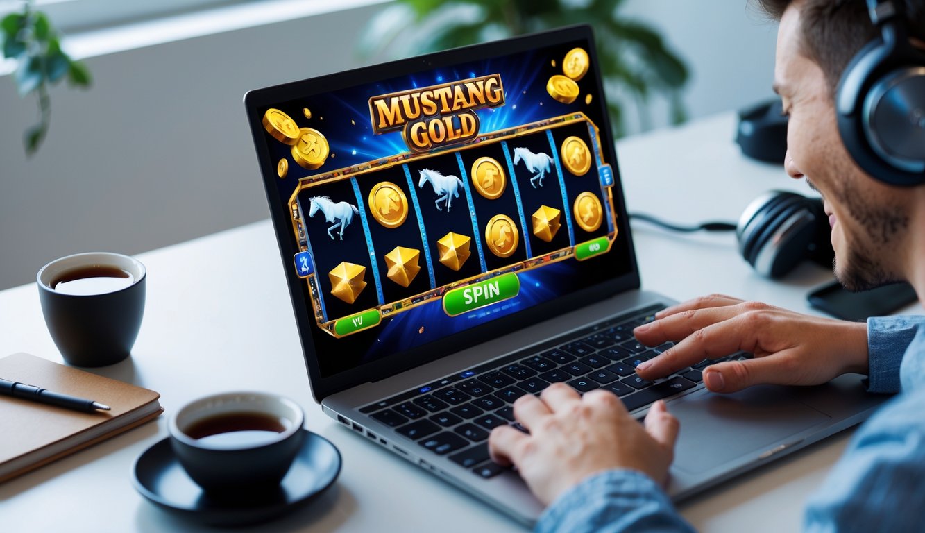 Seseorang sedang bermain permainan slot online Mustang Gold di komputer dengan ekspresi fokus dan antusiasme.