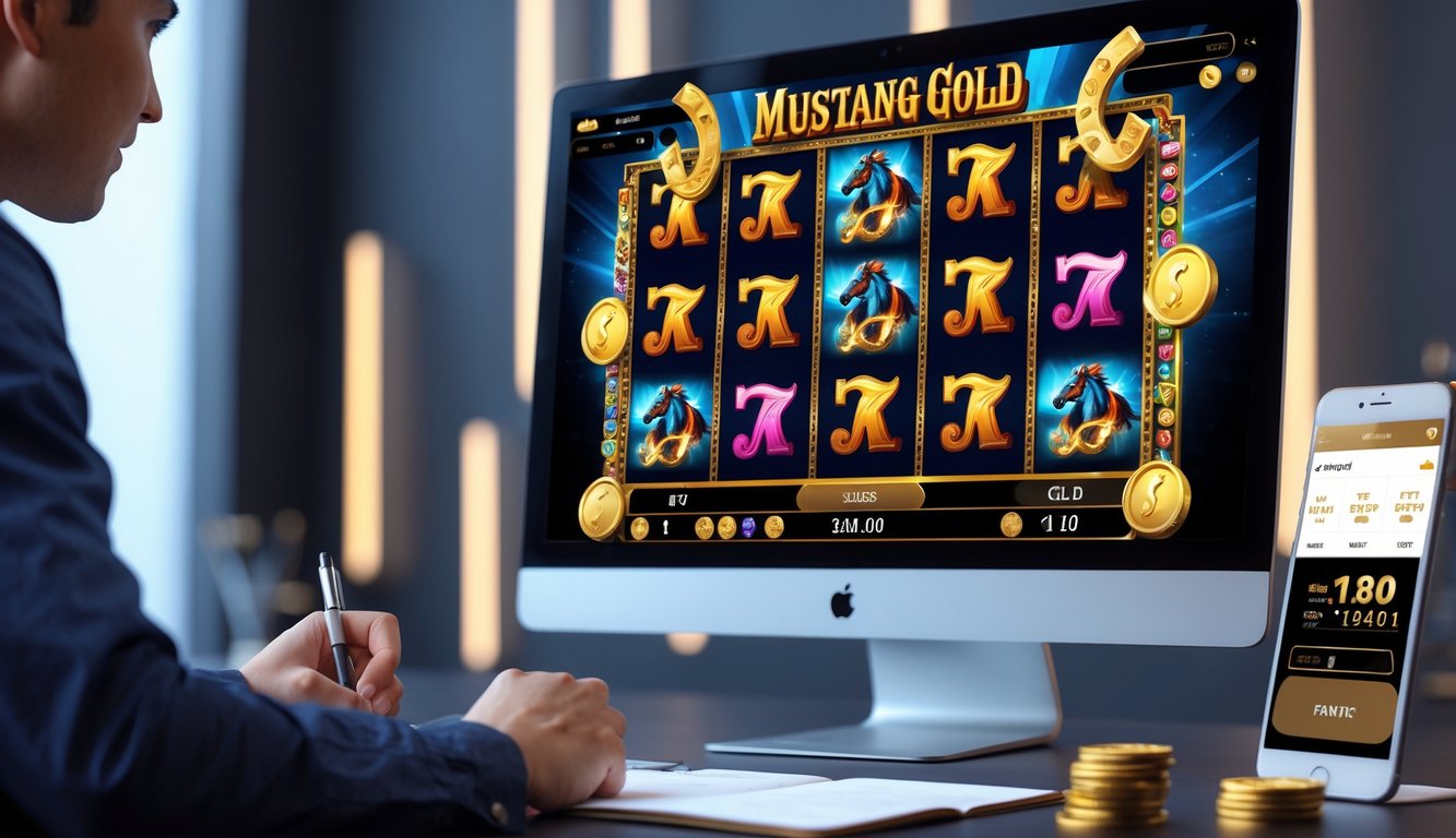 Seorang pemain sedang fokus bermain permainan slot Mustang Gold di layar komputer dengan suasana yang modern dan penuh konsentrasi.