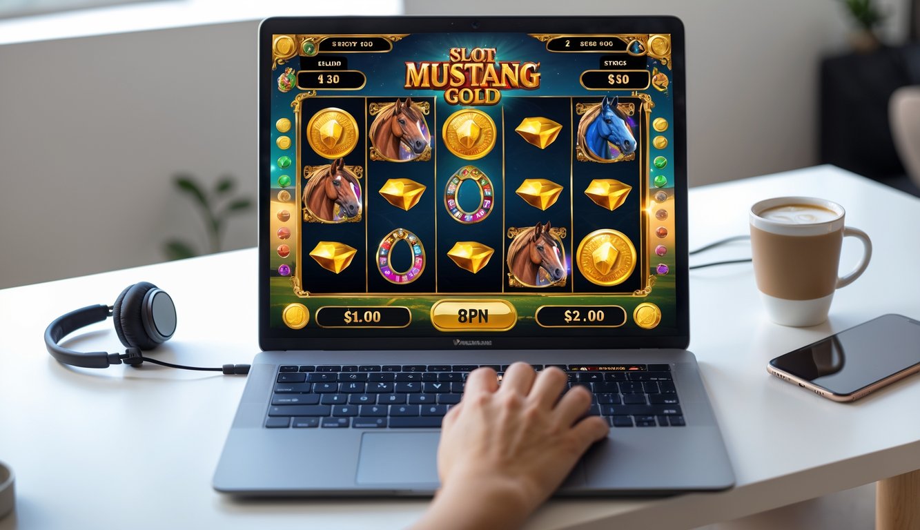 Seorang pengguna sedang bermain permainan slot online dengan tema kuda mustang dan emas di layar komputer di ruang kerja minimalis.