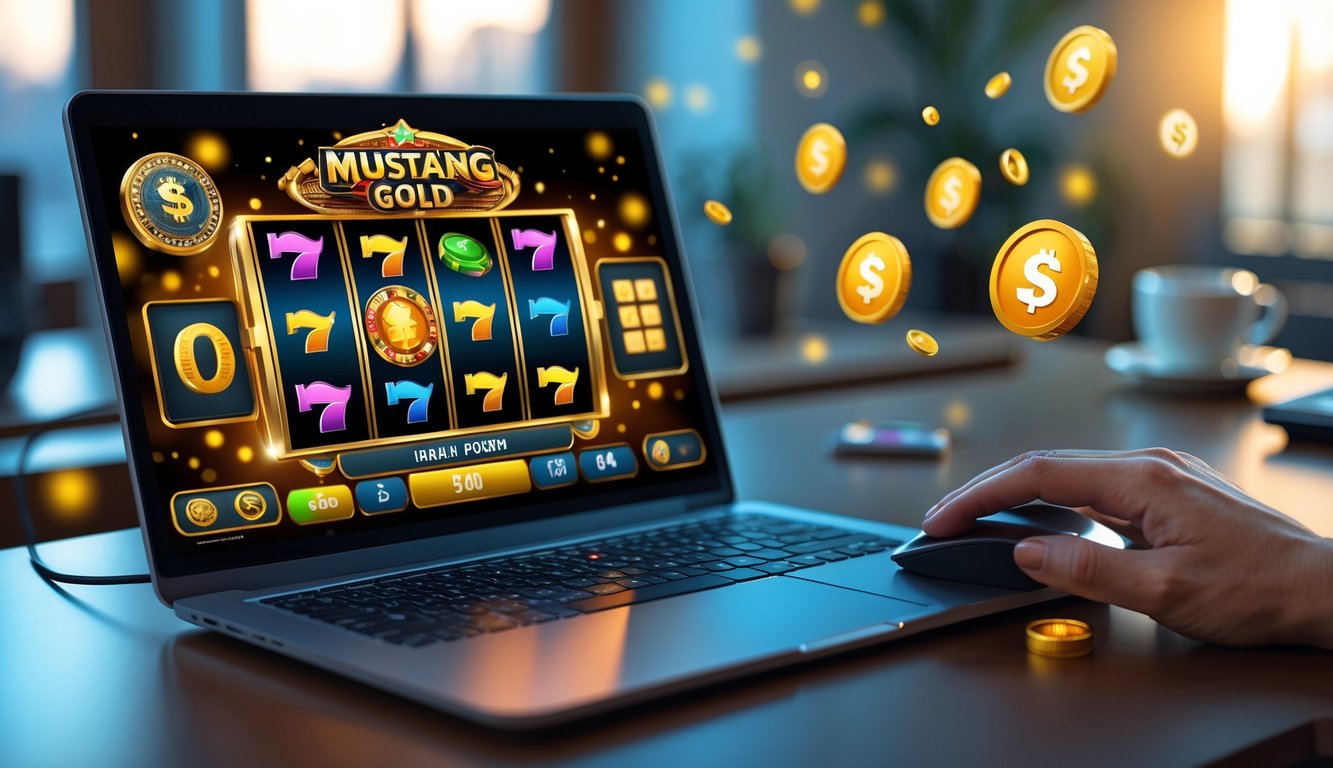 Seorang pengguna sedang bermain mesin slot Mustang Gold di laptop di meja kerja dengan suasana ruangan yang nyaman.