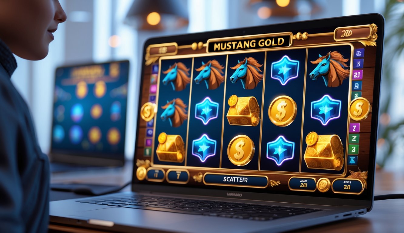 Layar permainan slot online bertema Mustang Gold dengan simbol kuda liar dan koin emas yang bersinar di sebuah setup permainan modern.