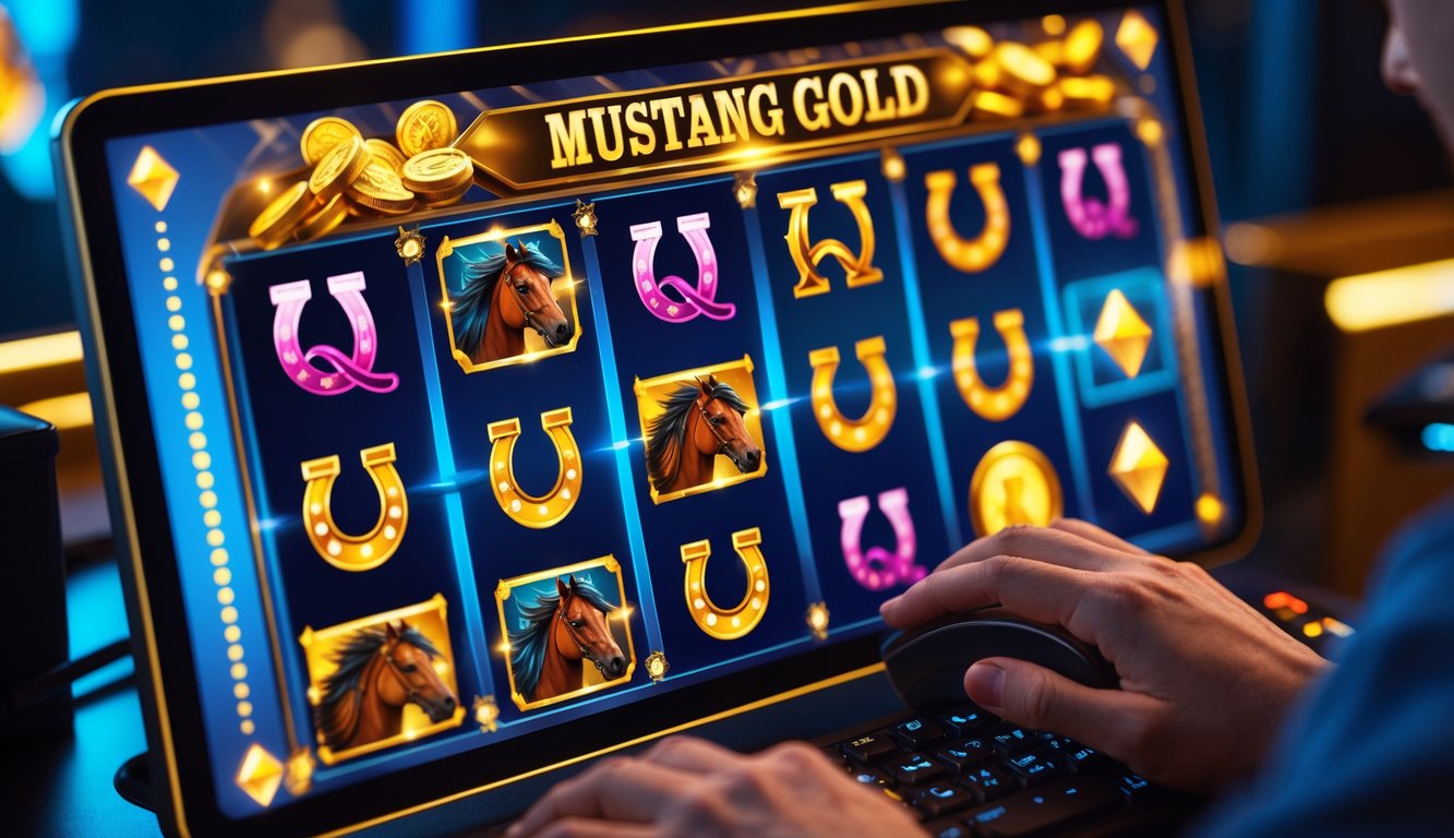 Layar permainan slot online dengan simbol kuda liar dan koin emas, tangan pemain siap memutar gulungan.