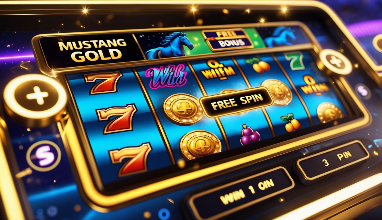 Tampilan close-up mesin slot online dengan tema kuda mustang dan koin emas, menunjukkan gulungan yang berputar dan efek cahaya yang menarik.