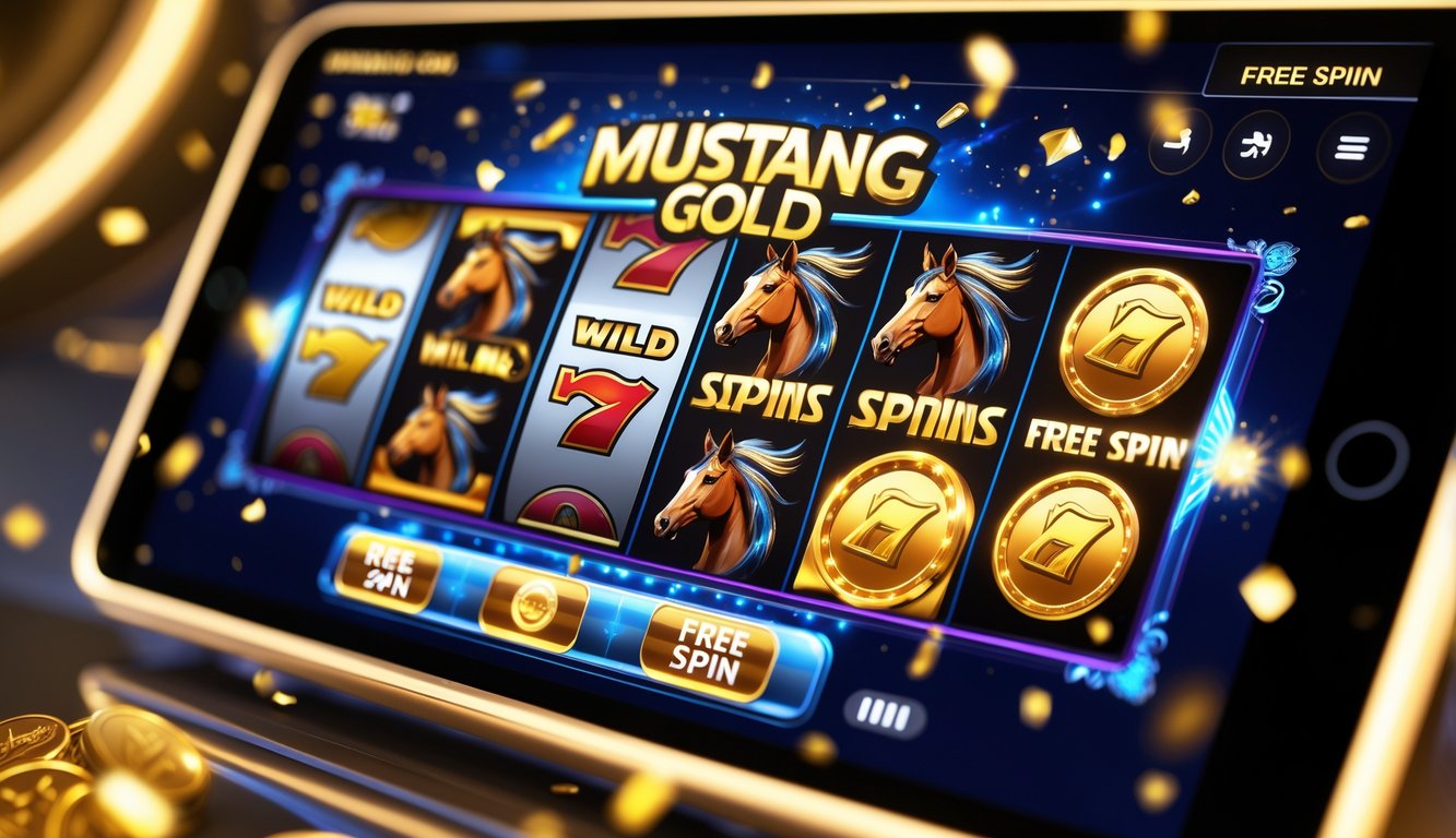 Tampilan layar permainan slot online dengan tema kuda mustang dan koin emas, menampilkan fitur putaran gratis dengan efek cahaya dan animasi meriah.