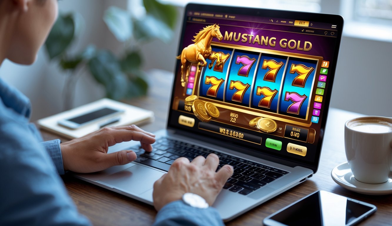 Seseorang menggunakan komputer dengan tampilan permainan slot Mustang Gold yang berwarna-warni di layar, di meja terdapat kopi dan ponsel.