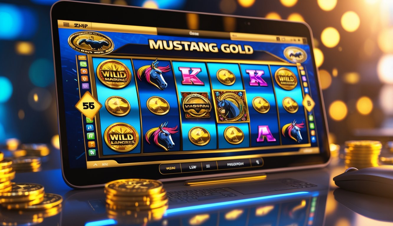 Layar perangkat menampilkan permainan mesin slot online dengan simbol kuda liar dan koin emas yang berputar.